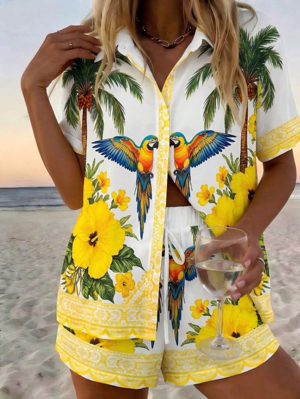 Light Yellow Boho Women's Coconut Floral Print Top and Shorts Set - Picture 5 of 5